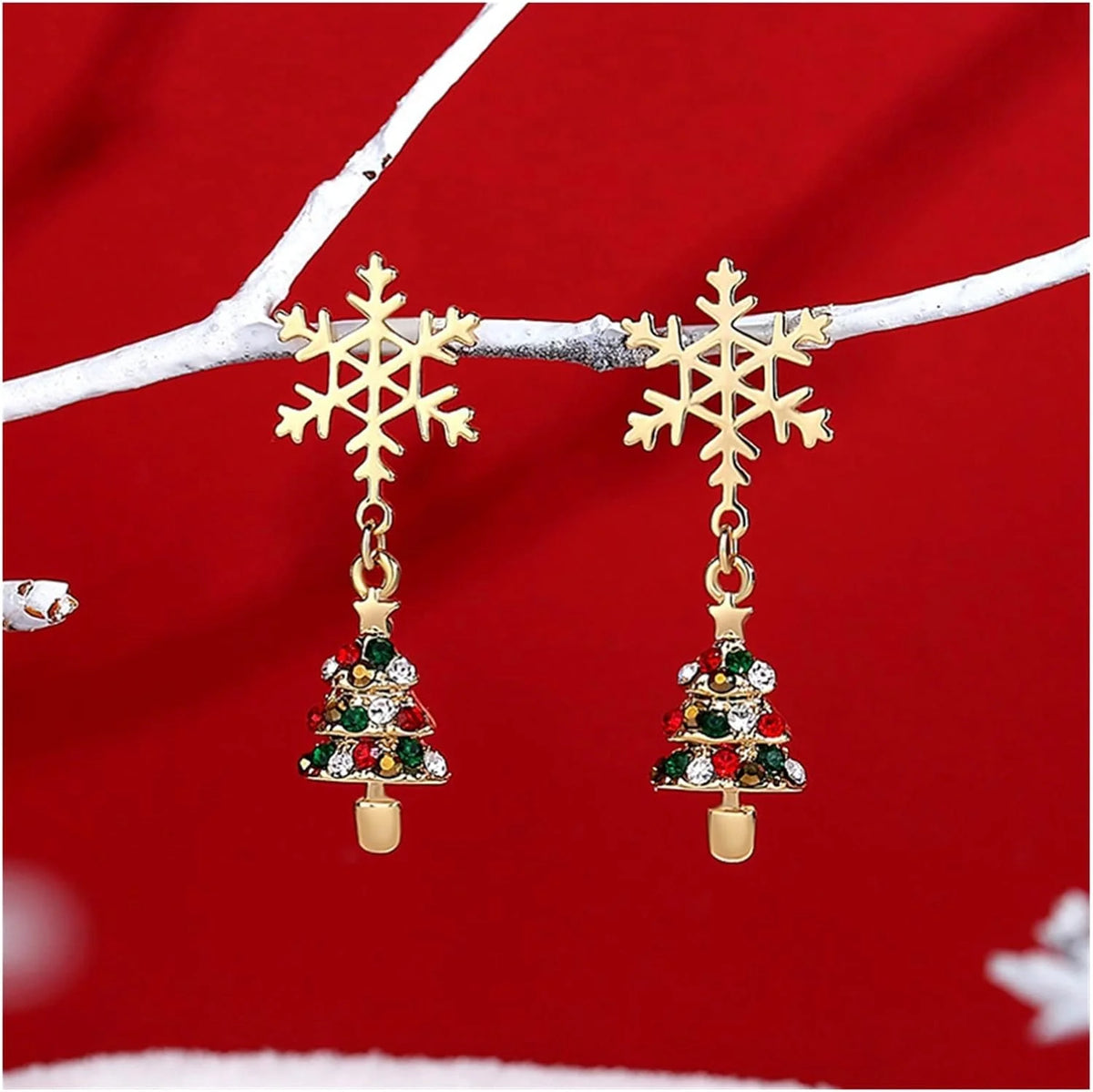 Pendientes colgantes de copo de nieve y árbol de Navidad en acero inoxidable chapado en oro, perfectos para añadir un toque de eleg 0