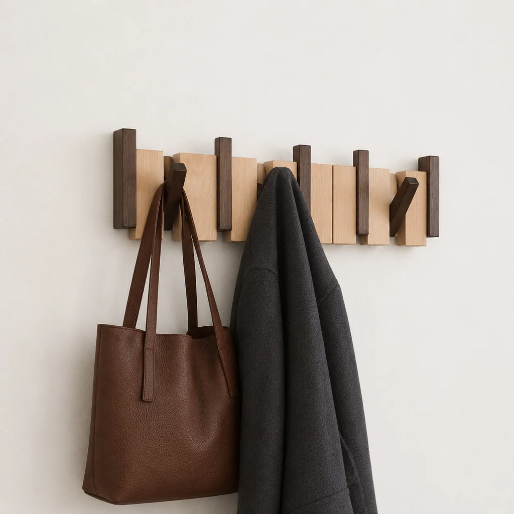Perchero de pared moderno de madera maciza con ganchos plegables en diseño de teclas de piano, ideal para organización y decoración del 2
