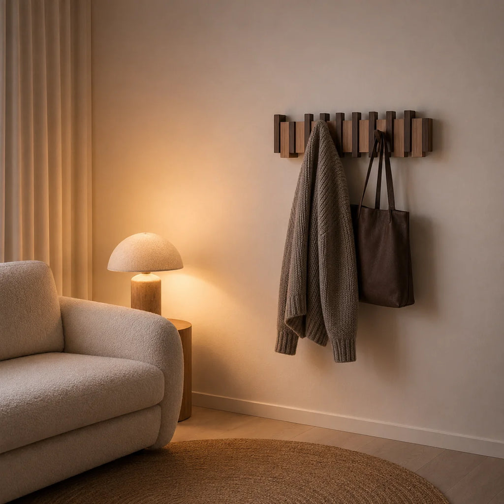 Perchero de pared moderno de madera maciza con ganchos plegables en diseño de teclas de piano, ideal para organización y decoración del 3