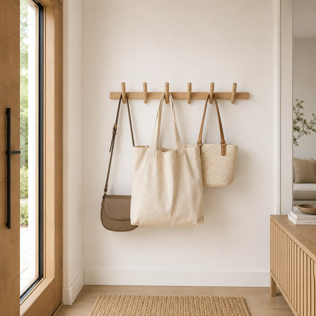 Perchero de pared de roble macizo con diseño minimalista, disponible en varios anchos, ideal para optimizar espacios reducidos. 0