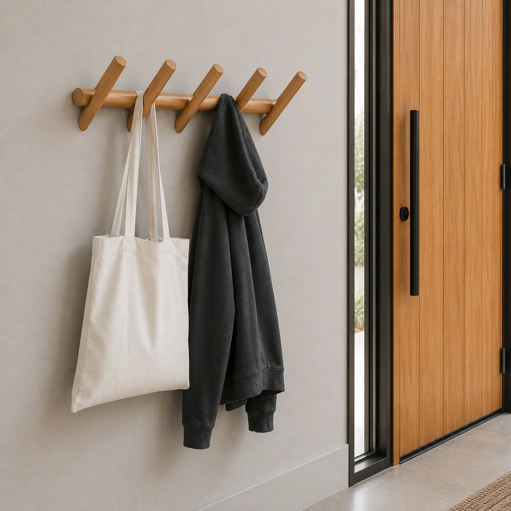 Perchero de pared de roble macizo con diseño minimalista, disponible en varios anchos, ideal para optimizar espacios reducidos. 1