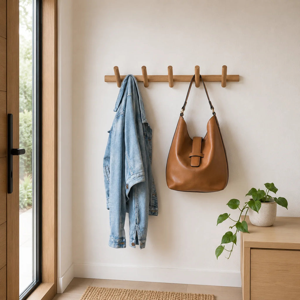 Perchero de pared de roble macizo con diseño minimalista, disponible en varios anchos, ideal para optimizar espacios reducidos. 4