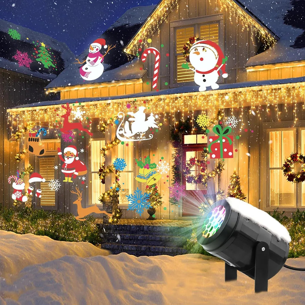 Proyector LED Navideño con 16 Patrones para Interiores y Exteriores, ideal para decorar durante las fiestas, con alimentación USB para 3