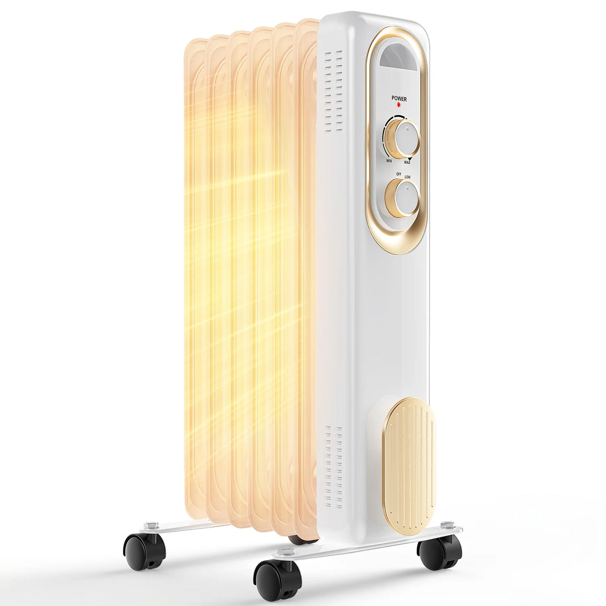 Radiador de aceite portátil de 1500 W con termostato ajustable y ruedas, disponible en blanco y negro, ideal para calentar espacios 0