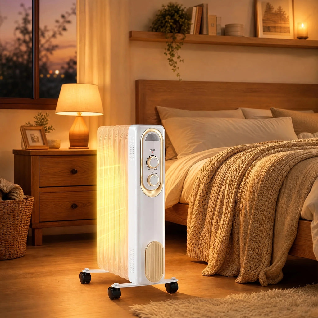 Radiador de aceite portátil de 1500 W con termostato ajustable y ruedas, disponible en blanco y negro, ideal para calentar espacios 3