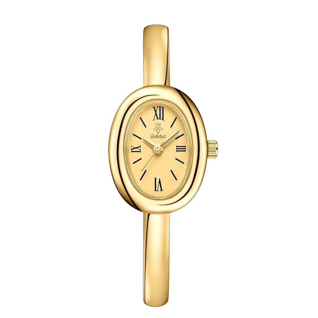 Reloj de mujer minimalista con pulsera de acero inoxidable y acabado dorado, perfecto para uso diario y estilo elegante. 6