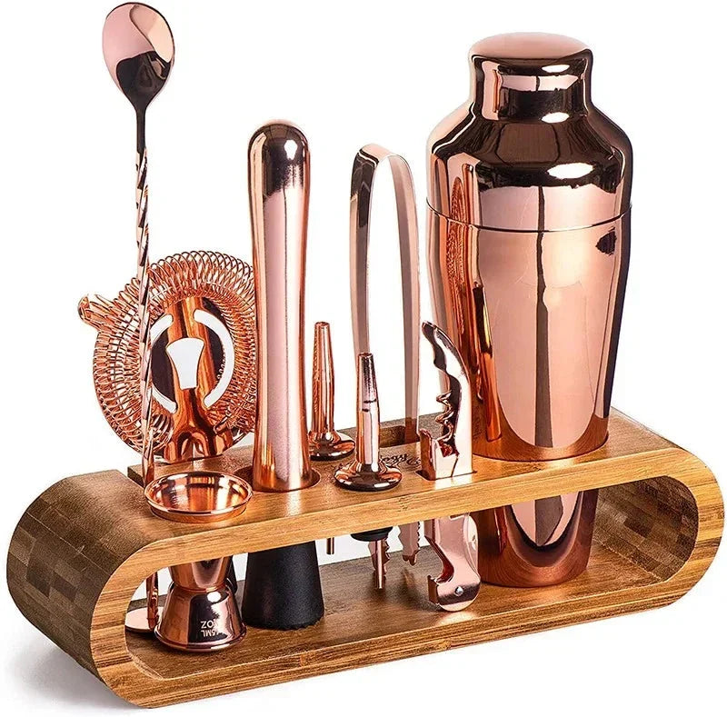 Set de Coctelería de 10 Piezas con Soporte de Bambú, incluye utensilios de acero inoxidable con acabados en plata 3
