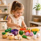 Set de comida de juguete de madera con frutas y verduras, ideal para el juego educativo Montessori, diseñado para niños a partir de 3 años. 0