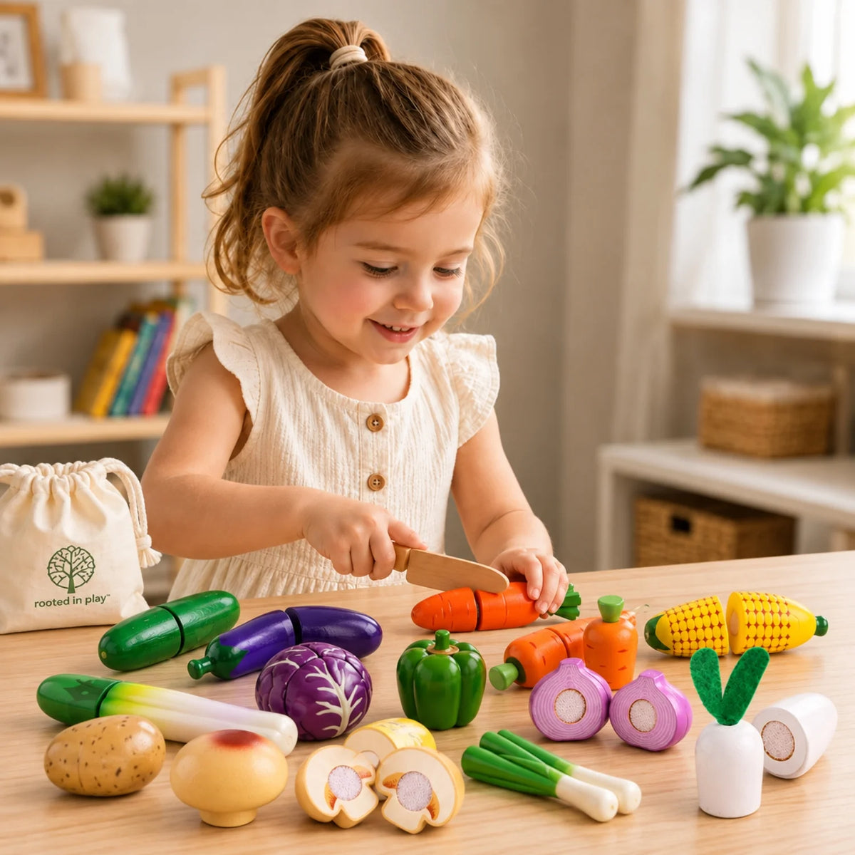 Set de comida de juguete de madera con frutas y verduras, ideal para el juego educativo Montessori, diseñado para niños a partir de 3 años. 0