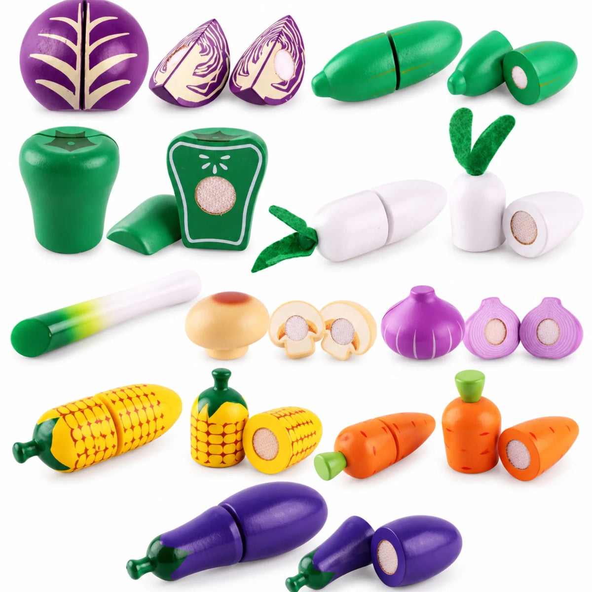 Set de comida de juguete de madera con frutas y verduras, ideal para el juego educativo Montessori, diseñado para niños a partir de 3 años. 1