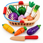 Set de comida de juguete de madera con frutas y verduras, ideal para el juego educativo Montessori, diseñado para niños a partir de 3 años. 2