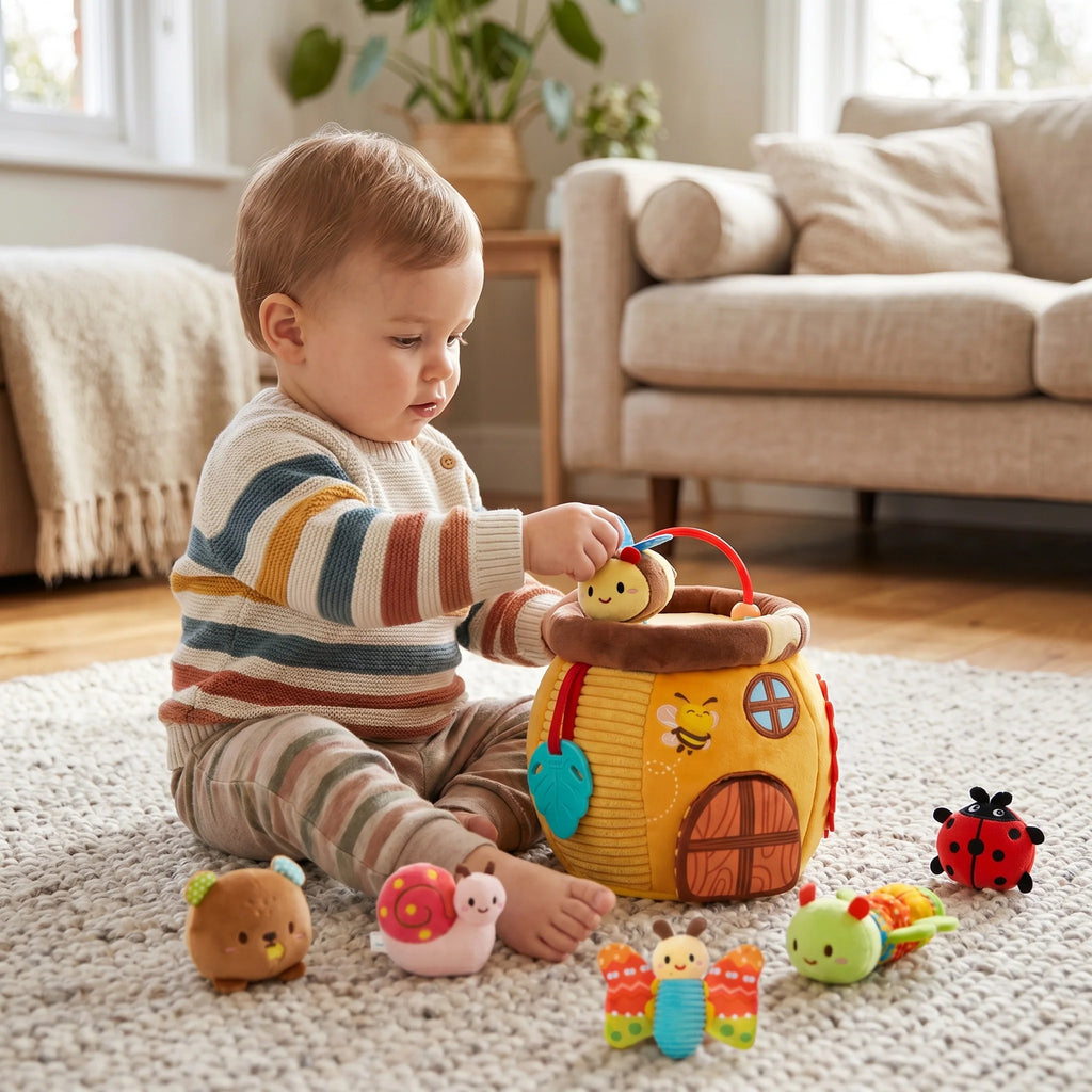 Set de Juguete Sensorial de Peluche con Tarro de Miel, interactivo y suave, ideal para el desarrollo temprano de niños pequeños 5