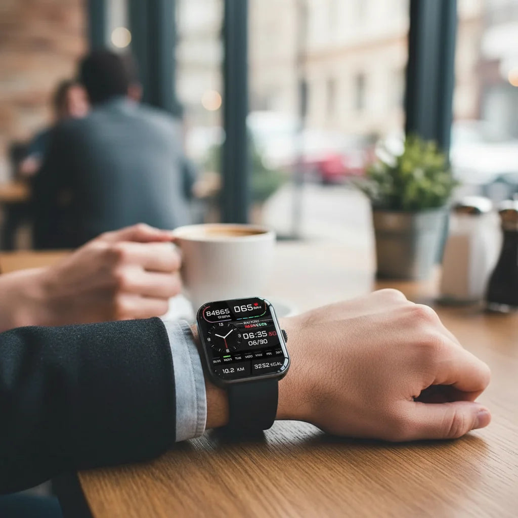 Smartwatch con monitor de salud que incluye seguimiento de presión arterial y glucosa, diseño moderno con correa de silicona y conectividad Bluetooth. 0