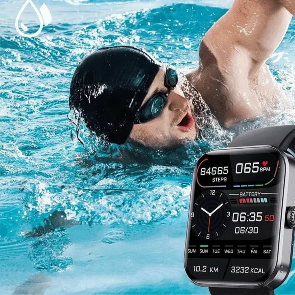 Smartwatch con monitor de salud que incluye seguimiento de presión arterial y glucosa, diseño moderno con correa de silicona y conectividad Bluetooth. 2