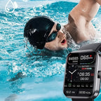 Smartwatch con monitor de salud que incluye seguimiento de presión arterial y glucosa, diseño moderno con correa de silicona y conectividad Bluetooth. 2