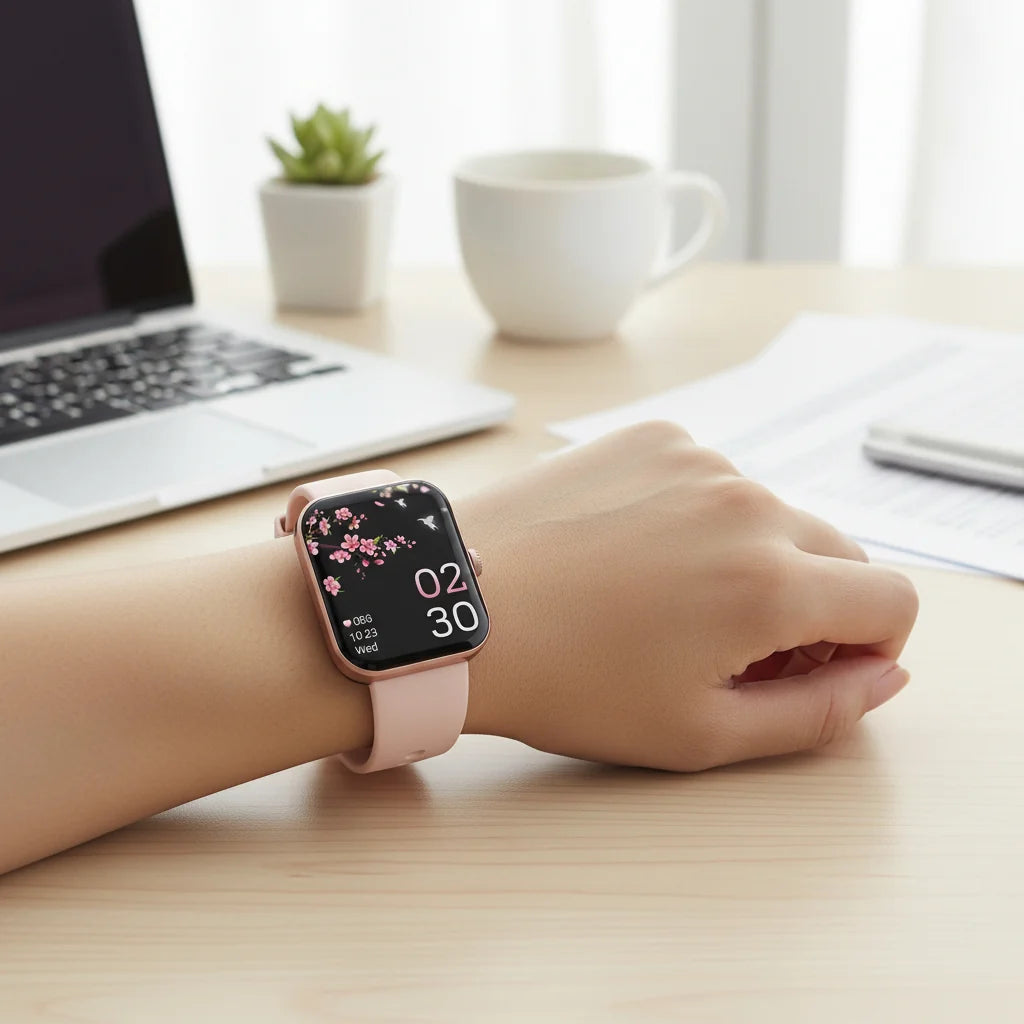 Smartwatch con monitor de salud que incluye seguimiento de presión arterial y glucosa, diseño moderno con correa de silicona y conectividad Bluetooth. 3