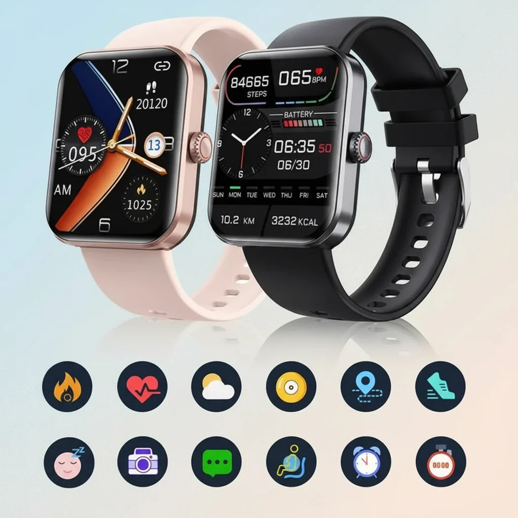 Smartwatch con monitor de salud que incluye seguimiento de presión arterial y glucosa, diseño moderno con correa de silicona y conectividad Bluetooth. 4