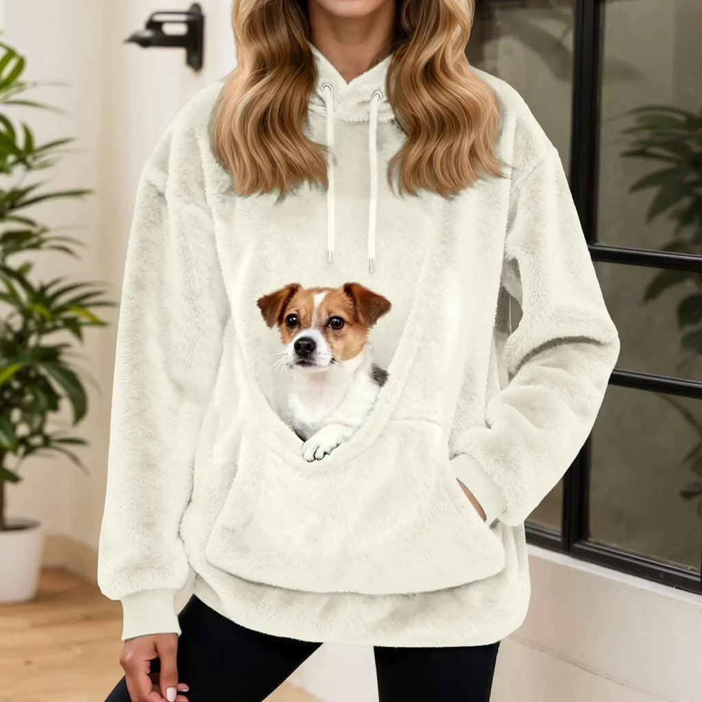 Sudadera mujer con capucha y bolsillo para mascotas, corte holgado en forro polar suave, ideal para paseos con tu mascota y comodidad en 0