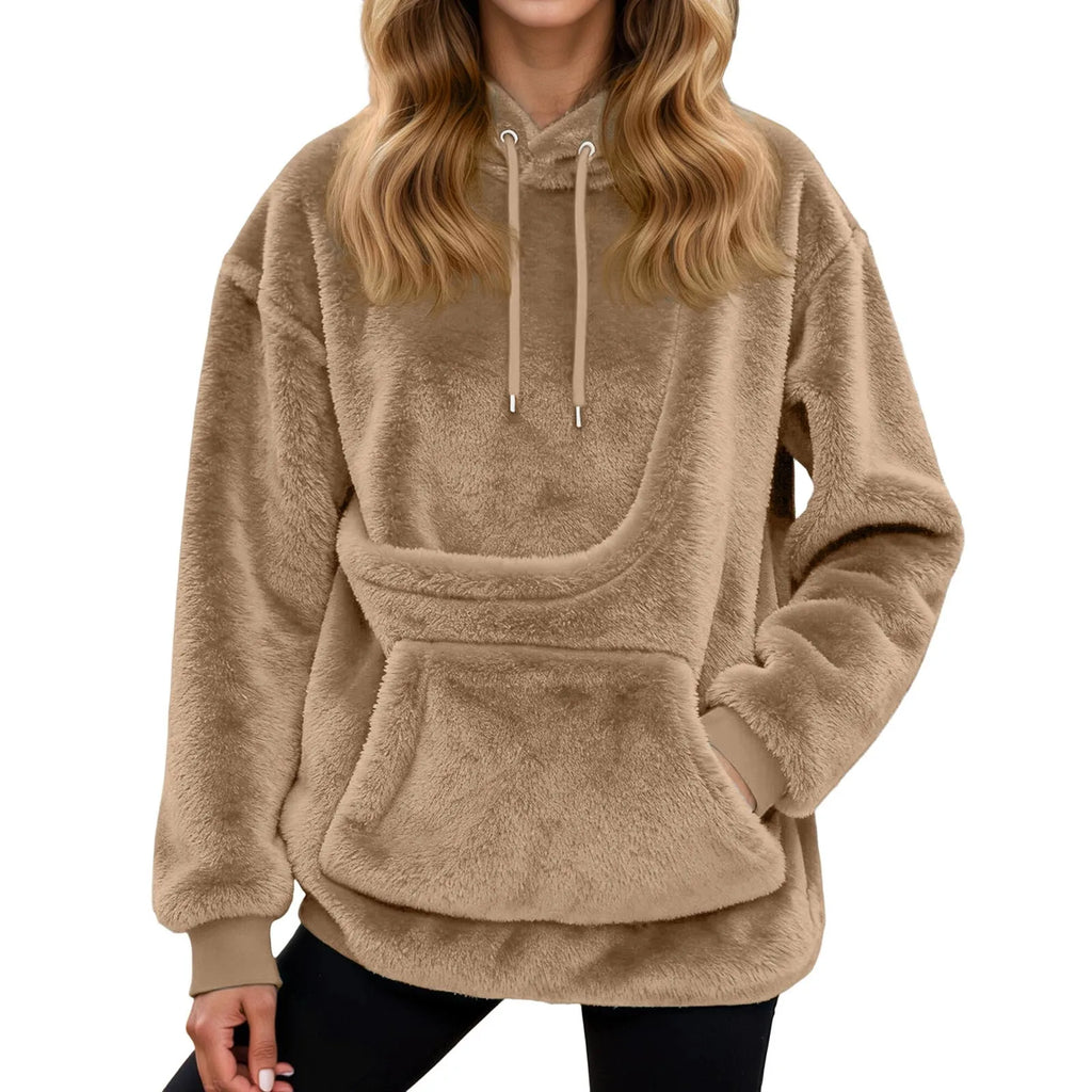 Sudadera mujer con capucha y bolsillo para mascotas, corte holgado en forro polar suave, ideal para paseos con tu mascota y comodidad en 1
