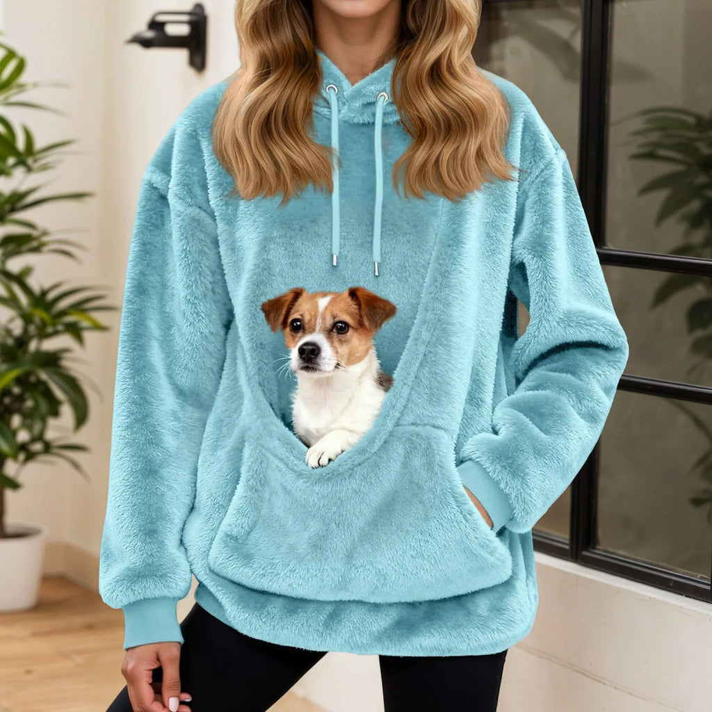 Sudadera mujer con capucha y bolsillo para mascotas, corte holgado en forro polar suave, ideal para paseos con tu mascota y comodidad en 10