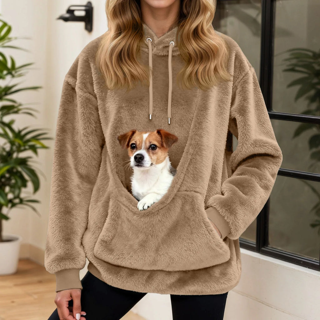 Sudadera mujer con capucha y bolsillo para mascotas, corte holgado en forro polar suave, ideal para paseos con tu mascota y comodidad en 8