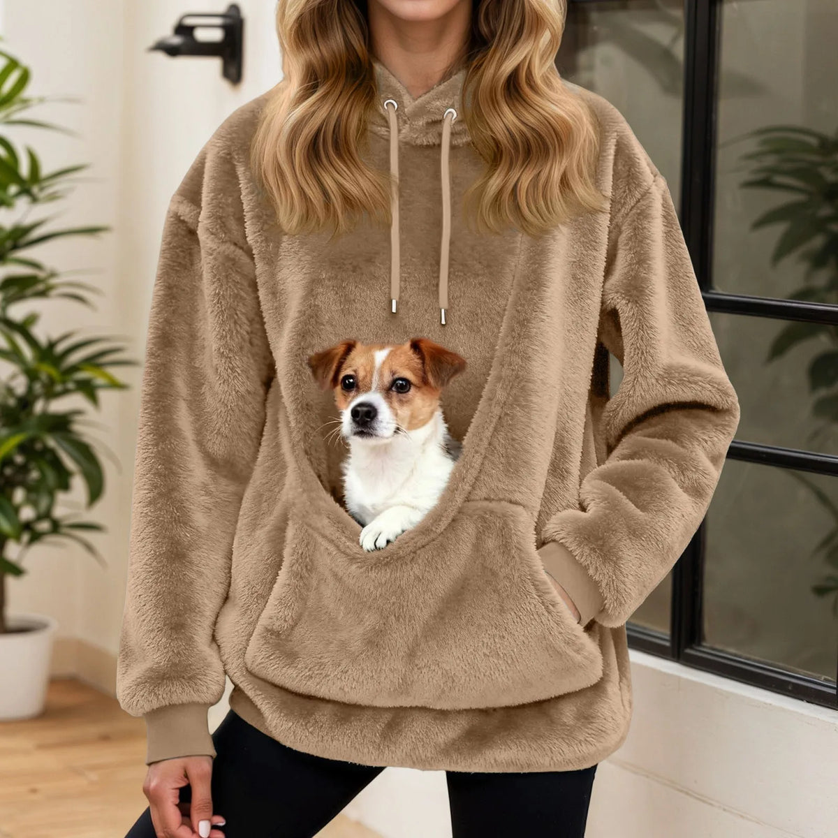 Sudadera mujer con capucha y bolsillo para mascotas, corte holgado en forro polar suave, ideal para paseos con tu mascota y comodidad en 8
