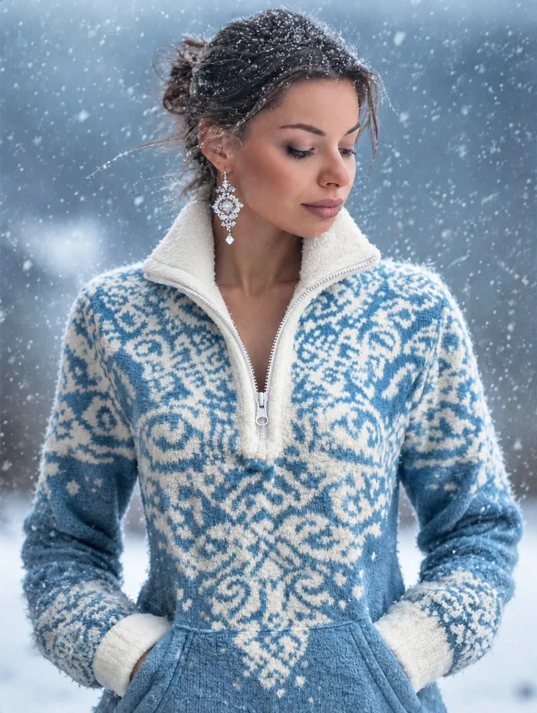 Suéter de mujer Fair Isle en azul hielo y crema, con cremallera ajustable y cuello alto, ideal para un look acogedor y elegante 0