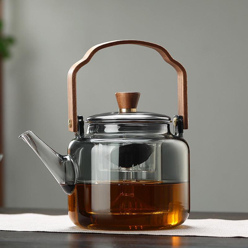 Tetera de vidrio ahumado de 1,2 litros con filtro y tapa de madera natural, ideal para infusiones elegantes y sofistic 0