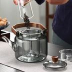 Tetera de vidrio ahumado de 1,2 litros con filtro y tapa de madera natural, ideal para infusiones elegantes y sofistic 1