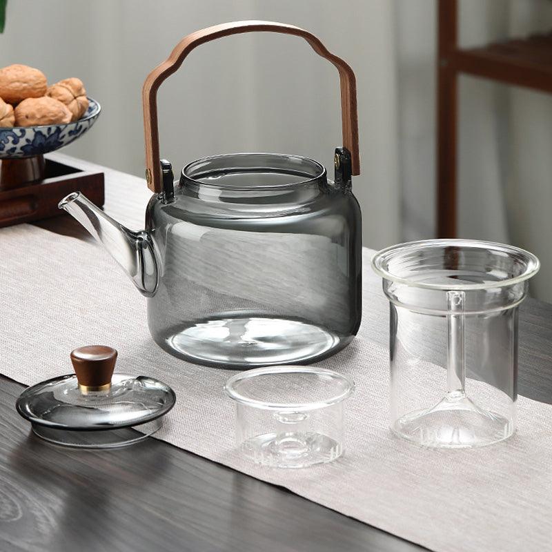 Tetera de vidrio ahumado de 1,2 litros con filtro y tapa de madera natural, ideal para infusiones elegantes y sofistic 2