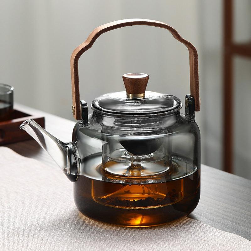 Tetera de vidrio ahumado de 1,2 litros con filtro y tapa de madera natural, ideal para infusiones elegantes y sofistic 4