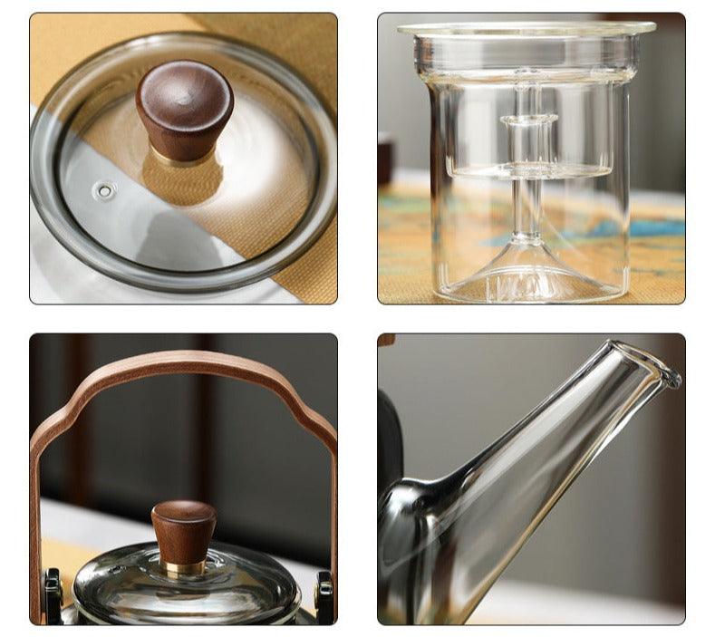 Tetera de vidrio ahumado de 1,2 litros con filtro y tapa de madera natural, ideal para infusiones elegantes y sofistic 5