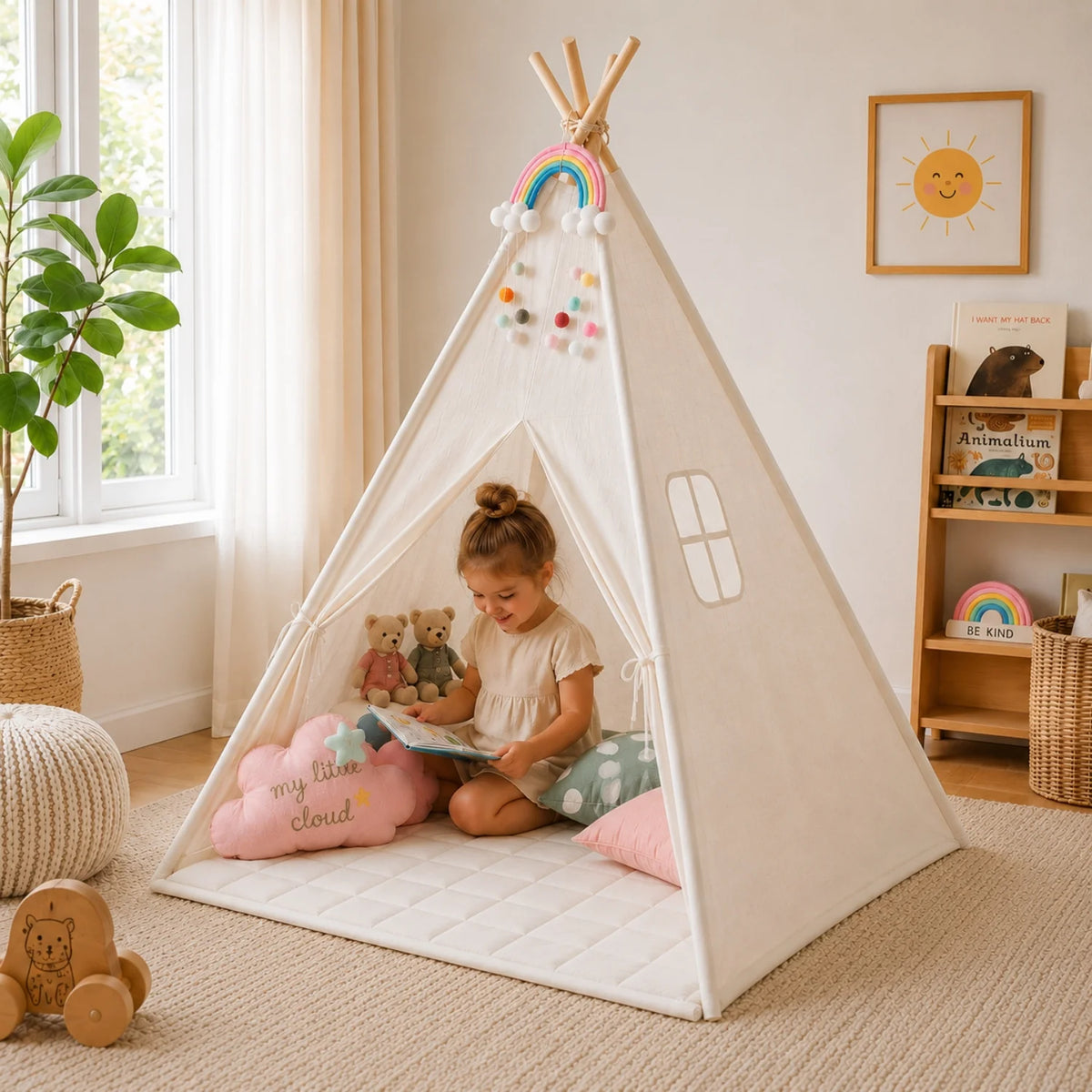 Tienda tipi infantil con alfombra acolchada, hecha de lona de algodón y madera natural, en estilo bohemio ideal para juegos y decoración 0