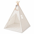 Tienda tipi infantil con alfombra acolchada, hecha de lona de algodón y madera natural, en estilo bohemio ideal para juegos y decoración 1
