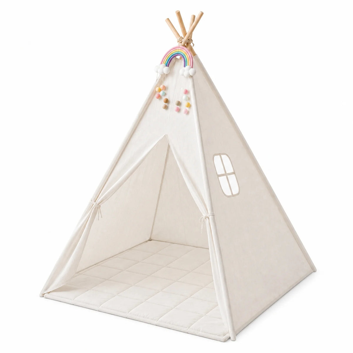 Tienda tipi infantil con alfombra acolchada, hecha de lona de algodón y madera natural, en estilo bohemio ideal para juegos y decoración 1