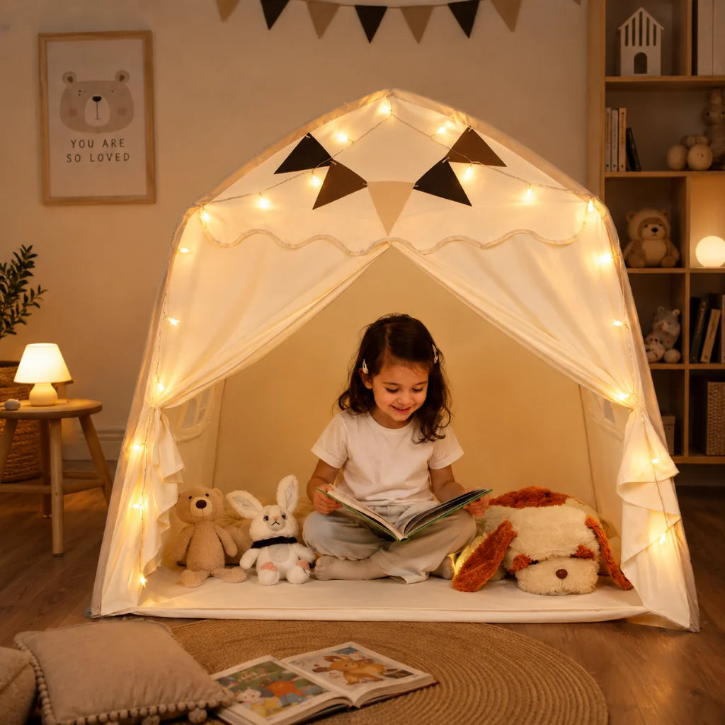 Tienda de juegos infantil colgante con diseño plegable, fabricada en tela suave de estilo moderno en tonos neutros, ideal para crear un 1