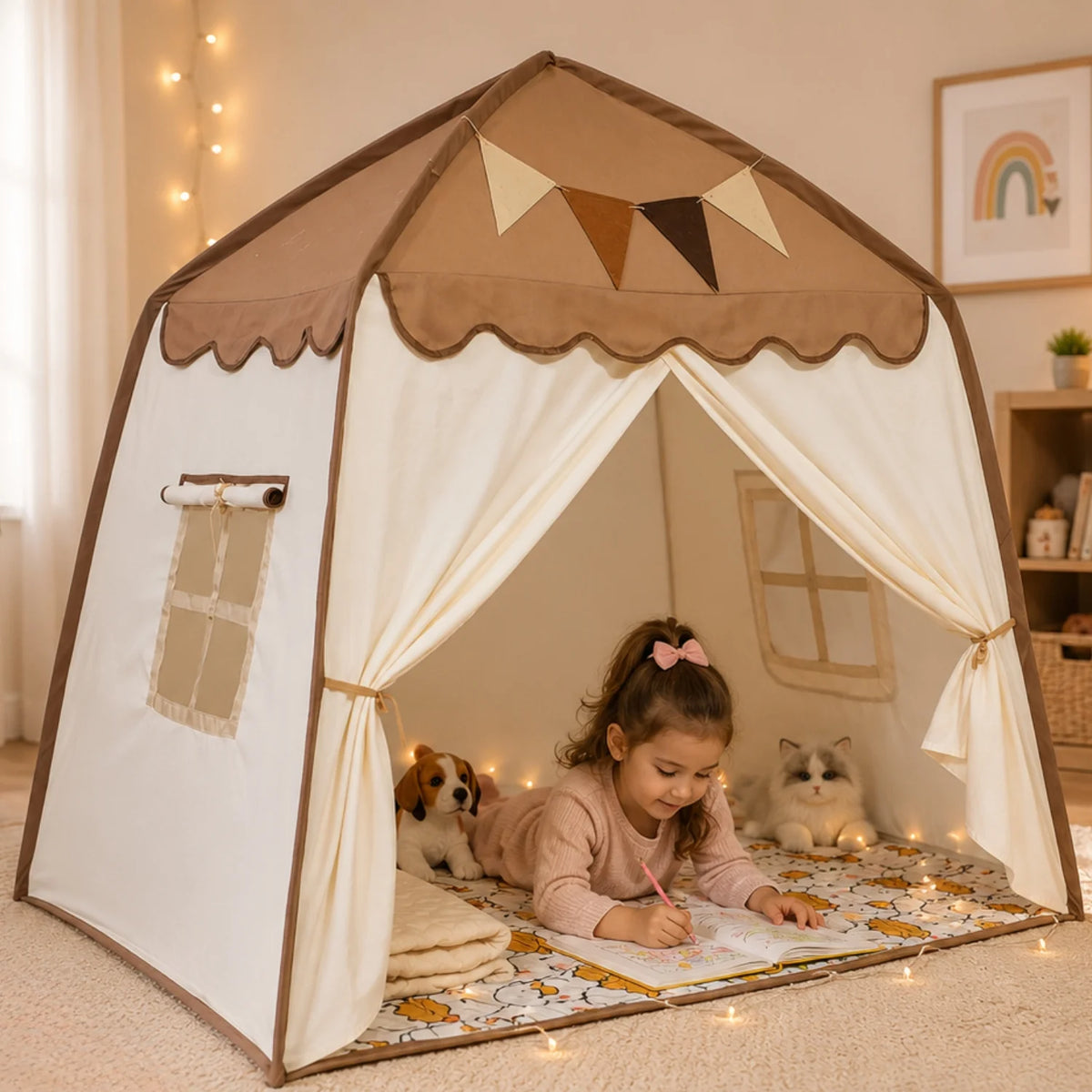 Tienda de juegos infantil colgante con diseño plegable, fabricada en tela suave de estilo moderno en tonos neutros, ideal para crear un 10