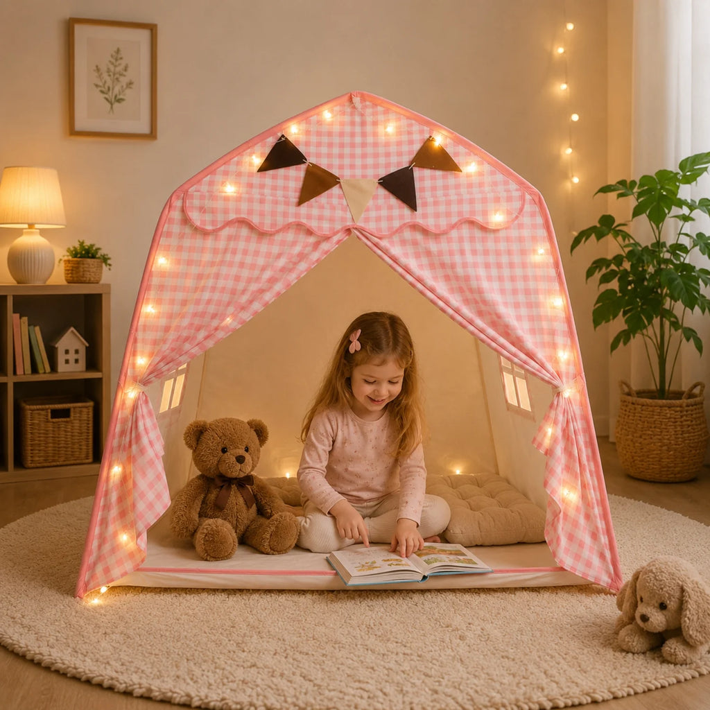 Tienda de juegos infantil colgante con diseño plegable, fabricada en tela suave de estilo moderno en tonos neutros, ideal para crear un 11