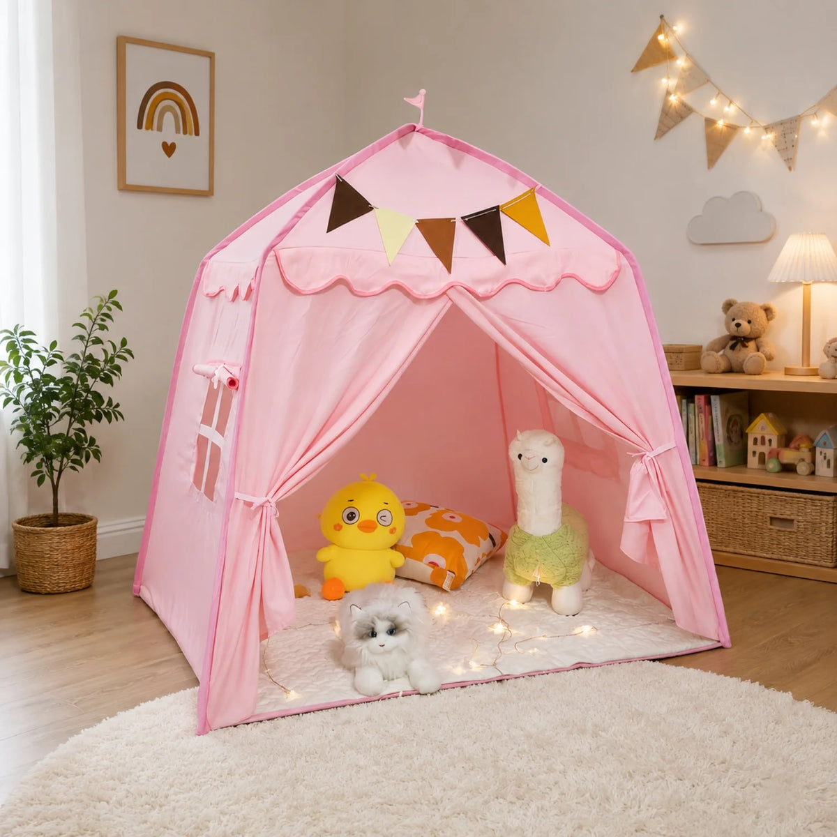 Tienda de juegos infantil colgante con diseño plegable, fabricada en tela suave de estilo moderno en tonos neutros, ideal para crear un 3