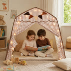 Tienda de juegos infantil colgante con diseño plegable, fabricada en tela suave de estilo moderno en tonos neutros, ideal para crear un 4