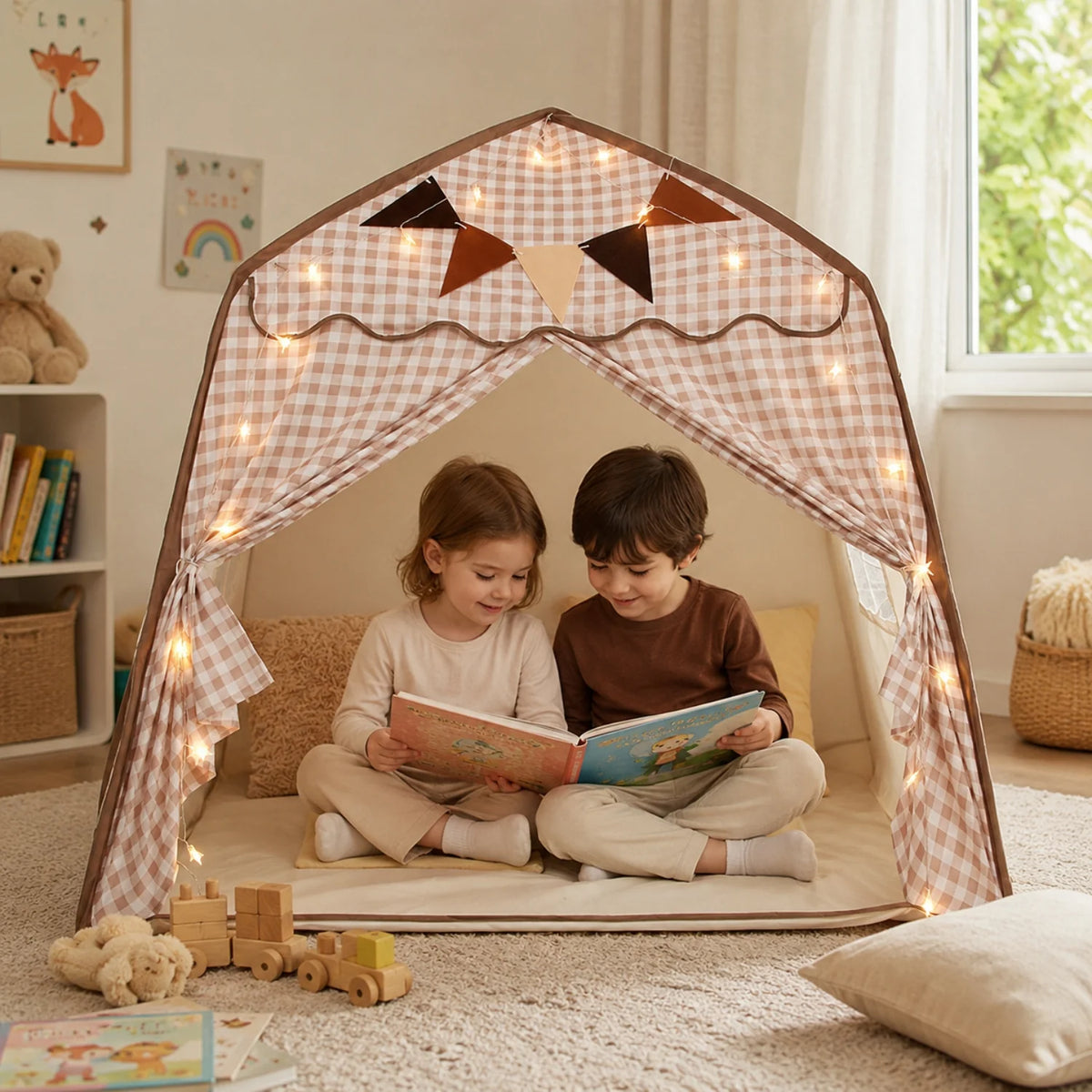 Tienda de juegos infantil colgante con diseño plegable, fabricada en tela suave de estilo moderno en tonos neutros, ideal para crear un 4