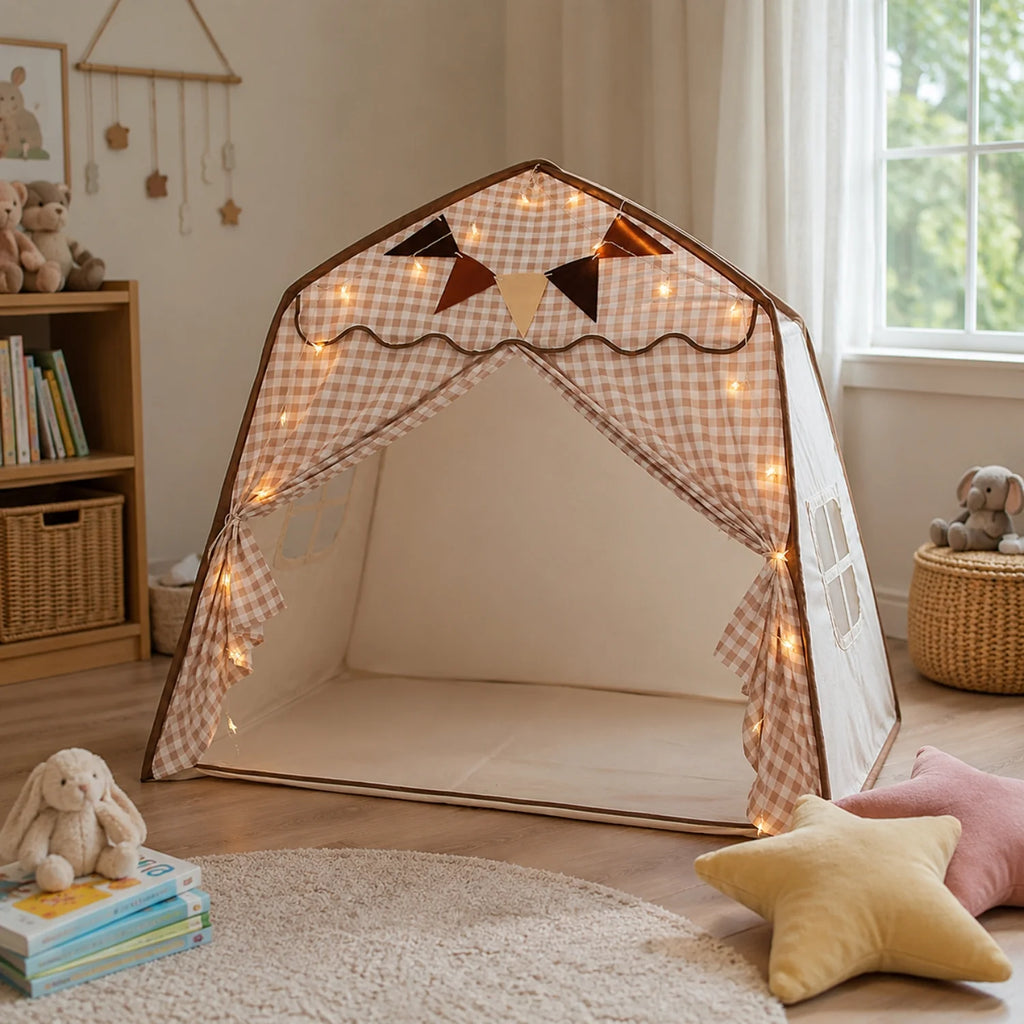 Tienda de juegos infantil colgante con diseño plegable, fabricada en tela suave de estilo moderno en tonos neutros, ideal para crear un 5
