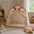 Tienda de juegos infantil colgante con diseño plegable, fabricada en tela suave de estilo moderno en tonos neutros, ideal para crear un 5