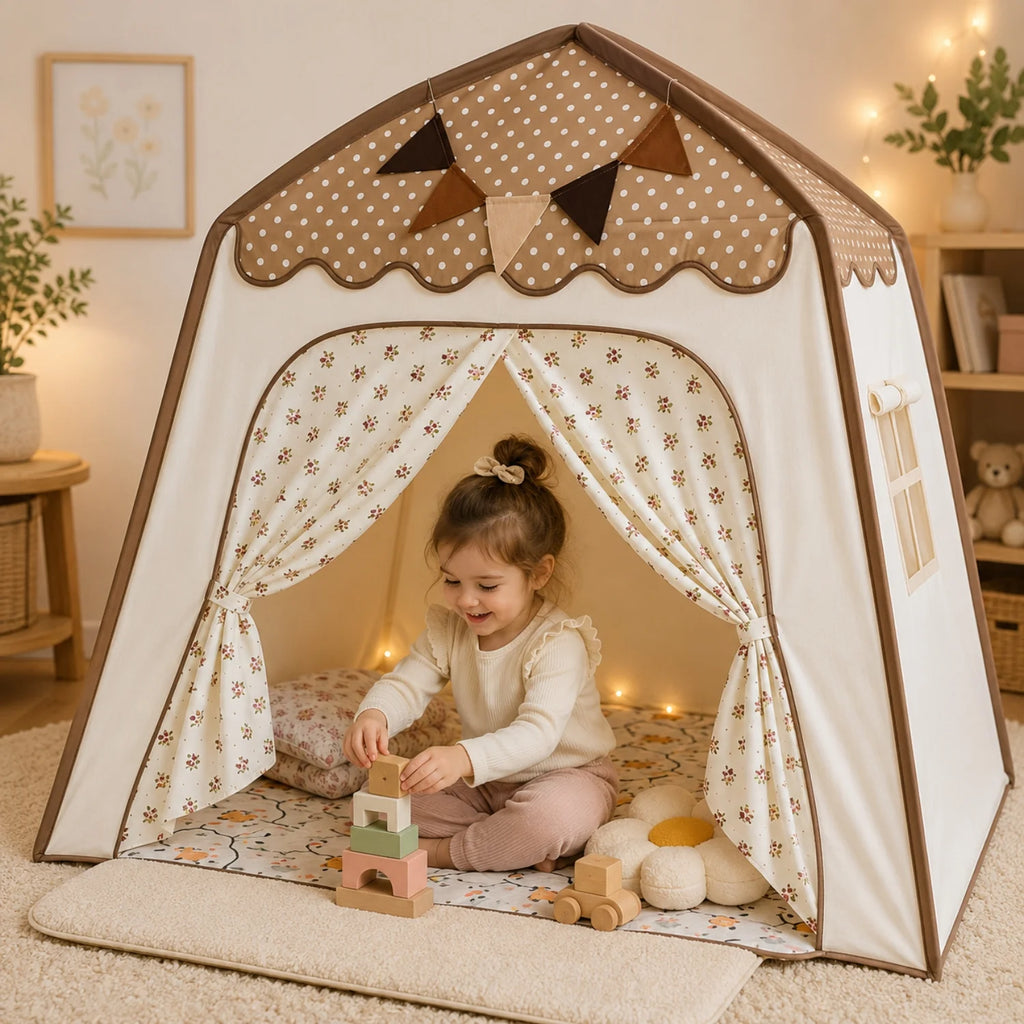 Tienda de juegos infantil colgante con diseño plegable, fabricada en tela suave de estilo moderno en tonos neutros, ideal para crear un 7