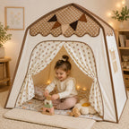 Tienda de juegos infantil colgante con diseño plegable, fabricada en tela suave de estilo moderno en tonos neutros, ideal para crear un 7