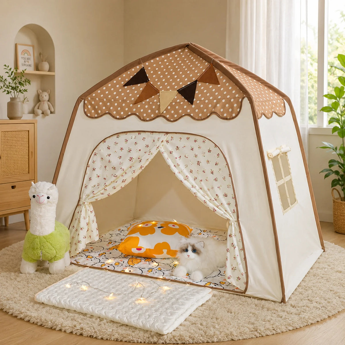 Tienda de juegos infantil colgante con diseño plegable, fabricada en tela suave de estilo moderno en tonos neutros, ideal para crear un 8