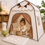 Tienda de juegos infantil colgante con diseño plegable, fabricada en tela suave de estilo moderno en tonos neutros, ideal para crear un 9