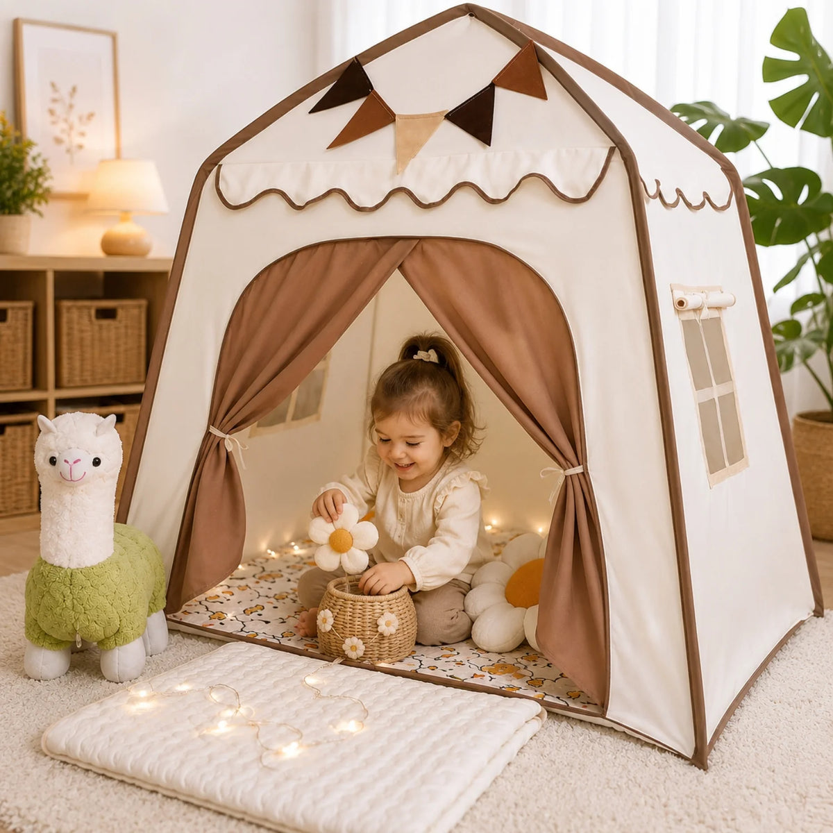 Tienda de juegos infantil colgante con diseño plegable, fabricada en tela suave de estilo moderno en tonos neutros, ideal para crear un 9