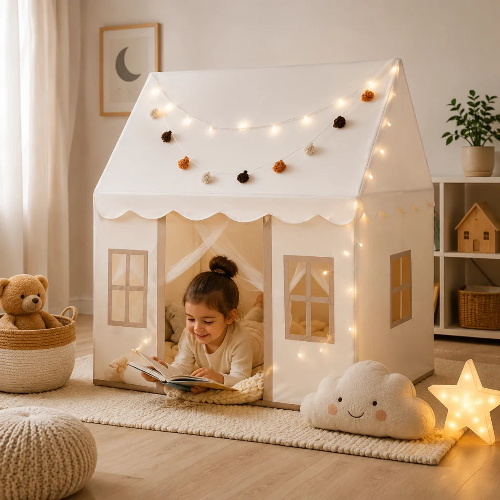 Tienda de juegos infantil plegable con alfombra acolchada y luces decorativas en un diseño moderno de tonos neutros, ideal para crear un 0