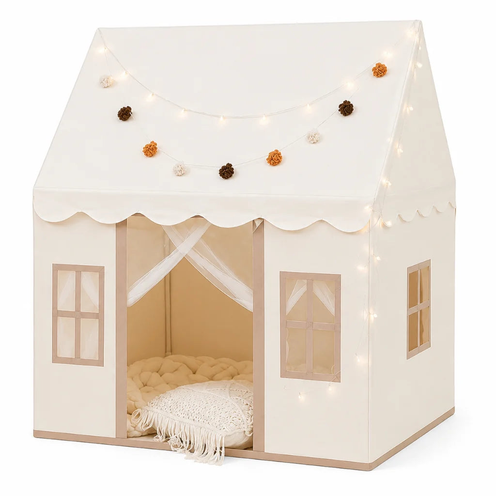 Tienda de juegos infantil plegable con alfombra acolchada y luces decorativas en un diseño moderno de tonos neutros, ideal para crear un 1